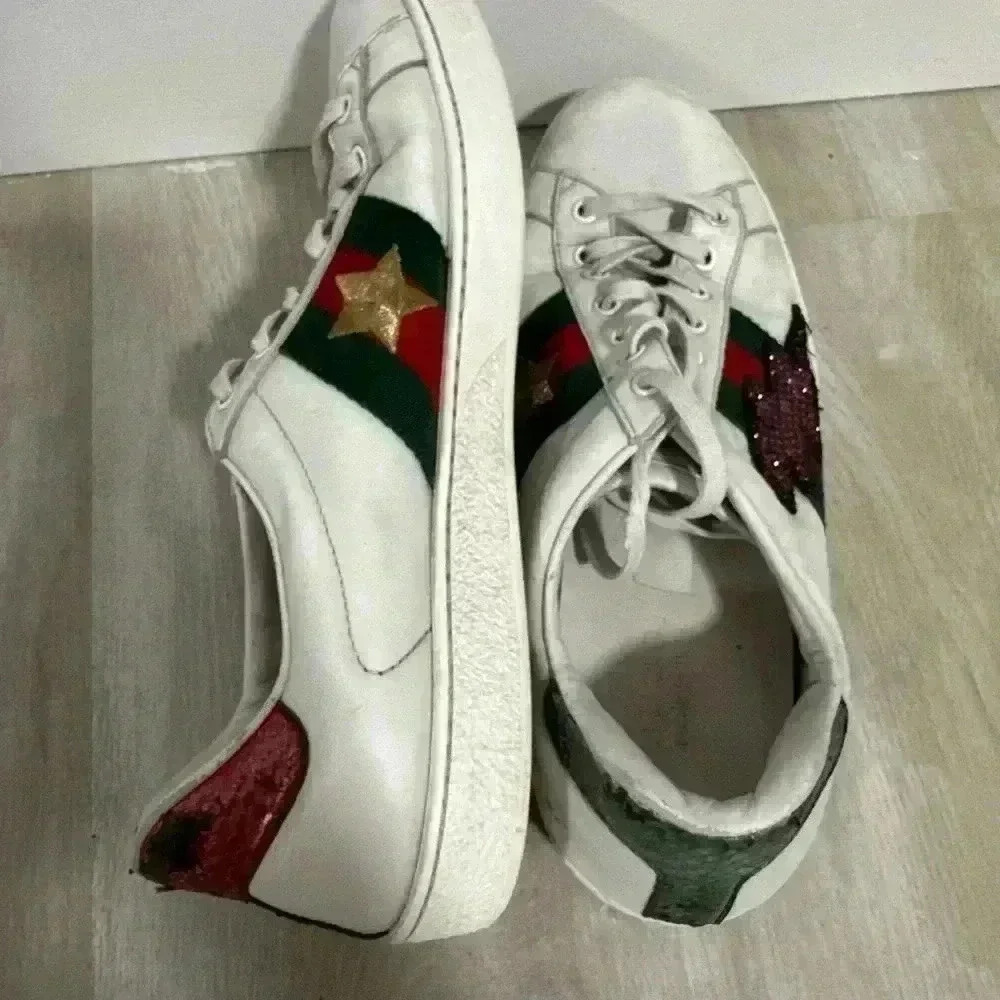 Gucci White Leather Ace Sneakers Lightning Bolt Star Red Green Mens Size 8G - Picture 12 of 14